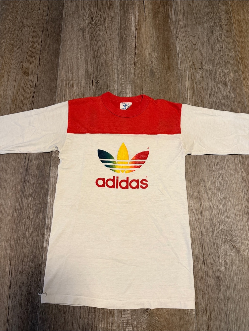 adidas vintage 1970s to early 1980s Rainbow Trefoil block-panel ringer shirt